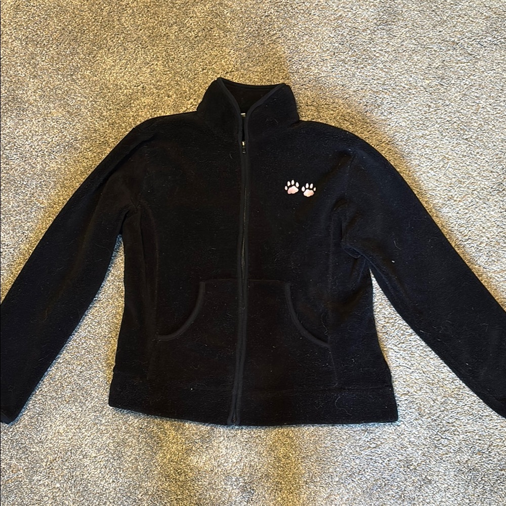 Black Fleece Zip-Up Jacket with Stand-Up Collar
